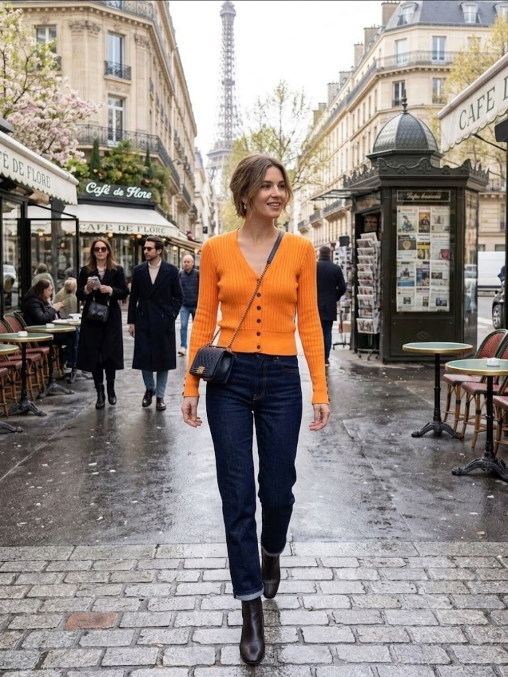 J.O.A. Ribbed V-Neck Cardigan Sweater - Bright Orange